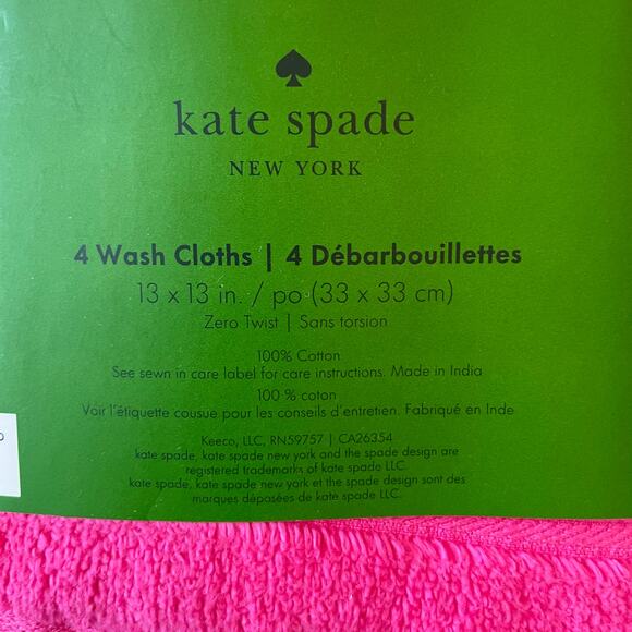 KATE SPADE Set of 4 Hot Pink Cotton Wash Cloths 13x13 NEW - Picture 8 of 9